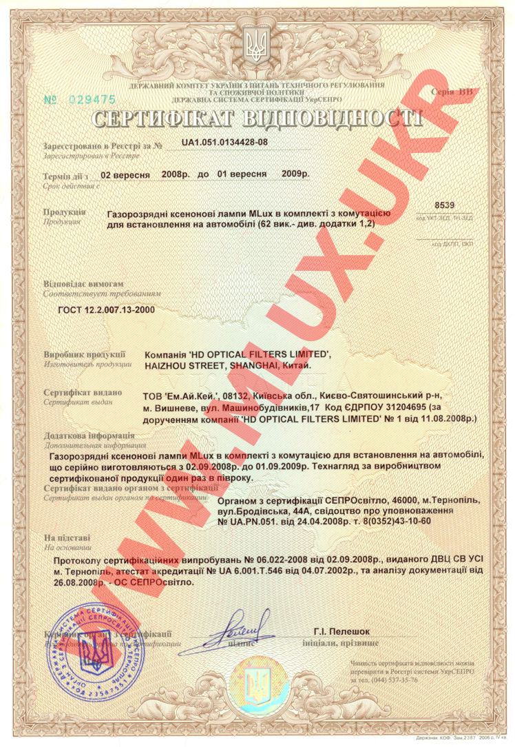 Сертификат лампы MLux